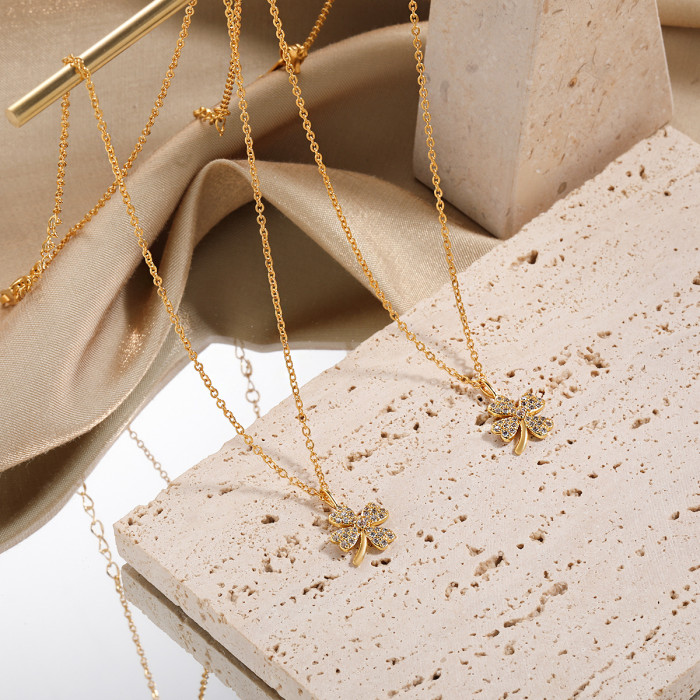 Korean Style Fresh Sweet Light Luxury Micro Inlaid Fully Stone-Set Four-Leaf Clover Necklace for Women Fashionable Perso...