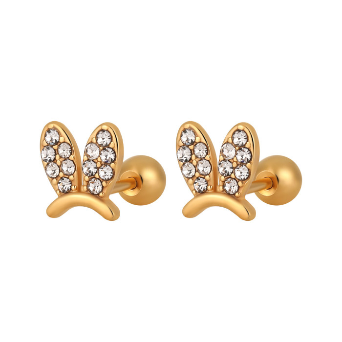 Korean Style Fresh Sweet Niche Fully Stone-Set Rabbit Ear Ear Bone Stud Female Fashion Personality High Sense Titanium S...