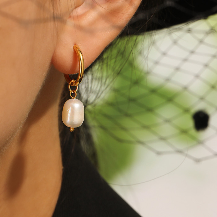 French Style Freshwater Pearl Twist Earrings for Women, Ins Style Fashion Stainless Steel 18K PVD Gold Plated Earrings Pendant