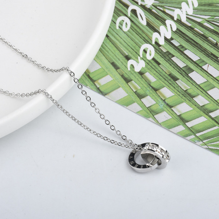 Korean Style Roman Double Ring Necklace with Diamond Personality Simple Versatile Titanium Steel Electroplated 24K Gold Clavicle Chain