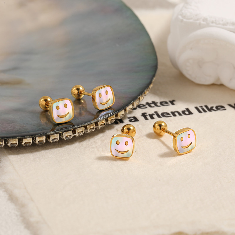 Fashion New Light Luxury Niche Cartoon Smiley Face White Mother-of-Pearl Ear Bone Studs for Women Fashionable Personality High-End Titanium Steel Earrings