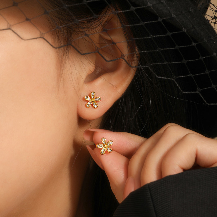 Korean Style Fashion Simple Flower Earrings Ins Style Elegant Personality Versatile Micro Inlaid Full Diamond High-end Titanium Steel Earrings
