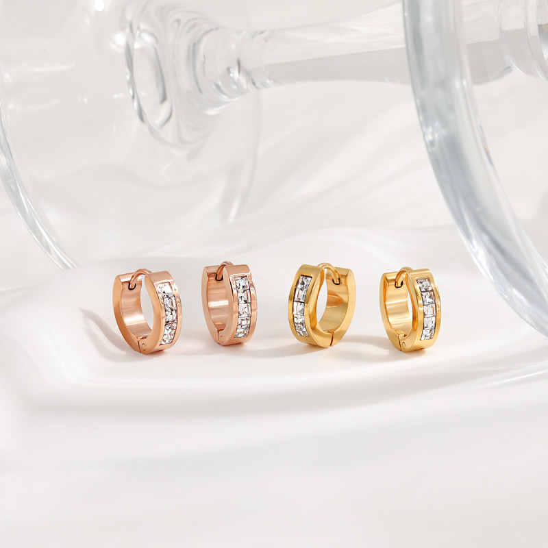 Korean Style INS New Light Luxury Niche Square Diamond Earrings for Women Fashionable Personality Versatile Gold-Plated Inlaid Diamond Titanium Steel Earrings