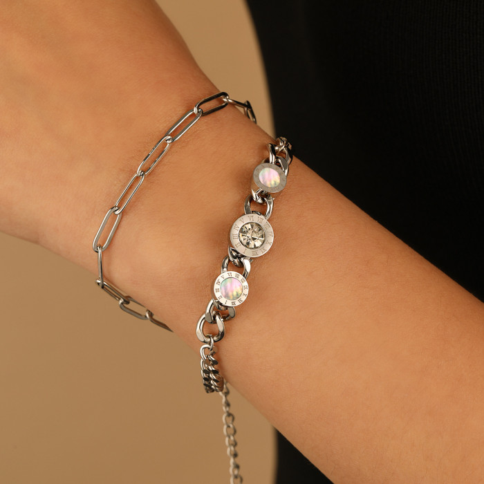 European and American Cross-Border Fashion Personality Double-Layer White Shell Roman Numeral Inlaid Diamond Bracelet for Women Stainless Steel NK Chain Hand Jewelry