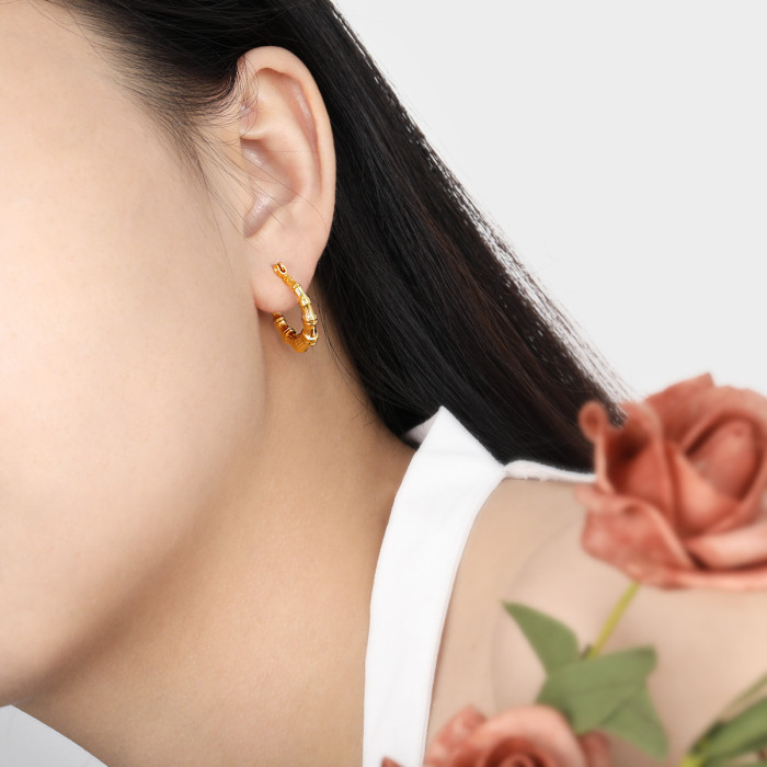 Korean Style Ins Simple Elegant Niche Bamboo Earrings Fashionable Personality Versatile High-end Gold Plated Titanium...
