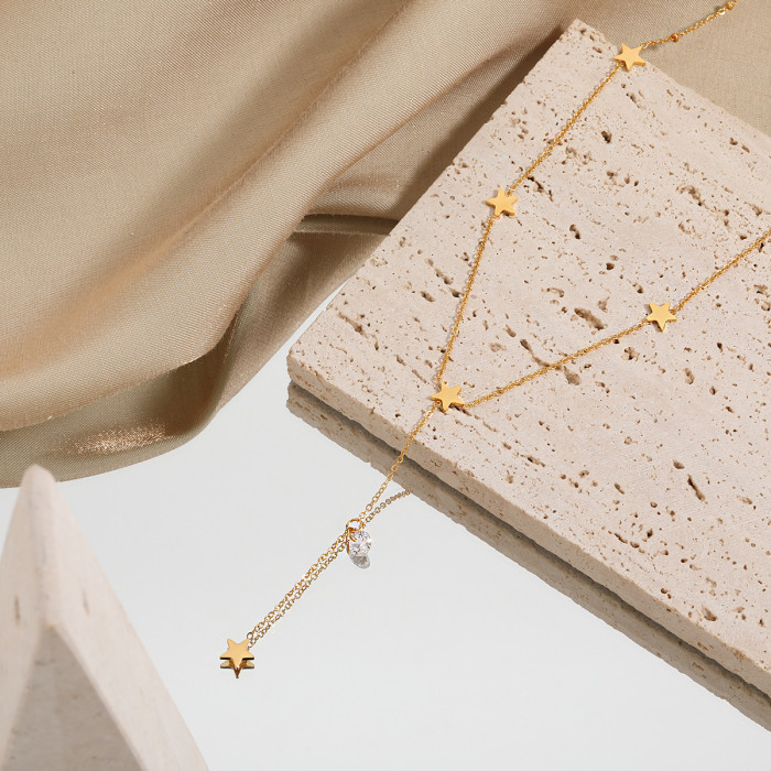 Korean Style Ins Simple Versatile Niche Inlaid Diamond Five-Pointed Star Necklace Fashionable Personality Gold-Plated Titanium Steel Collarbone Chain