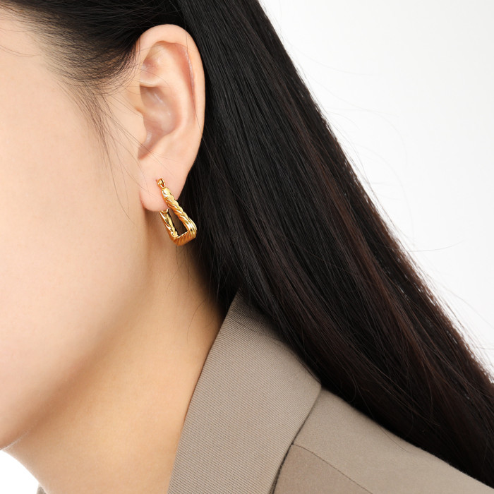 Hot Selling High-End Geometric Triangle Twist Pattern Earrings for Women Fashionable Personality Gold Plated Titanium...