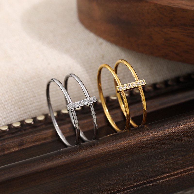European and American INS Style Double Ring Inlaid Diamond Ring for Women Titanium Steel Plated with 24K Gold High-end Light Luxury Niche Personality Simple Ring