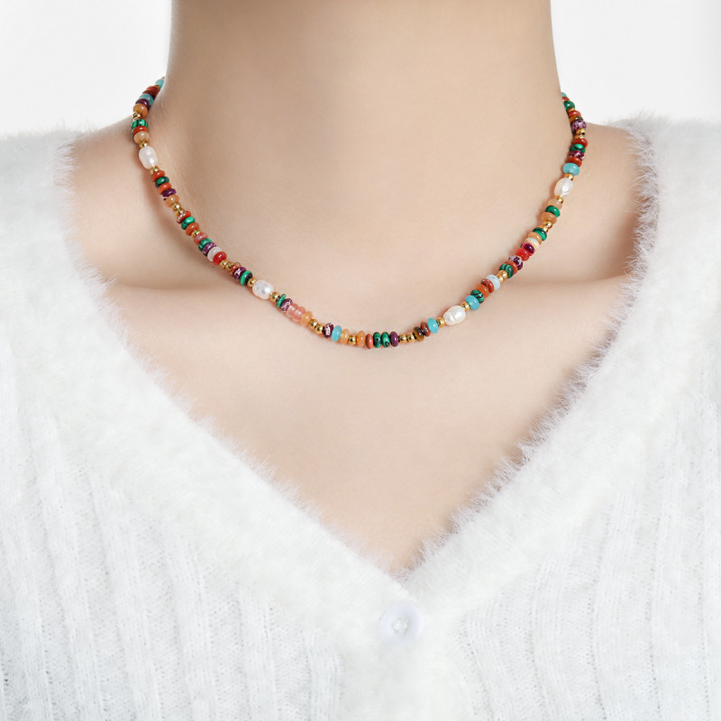 Bohemian Retro INS Niche Design Color-Block Natural Stone Beaded Elegant Freshwater Pearl Titanium Steel Necklace for Women