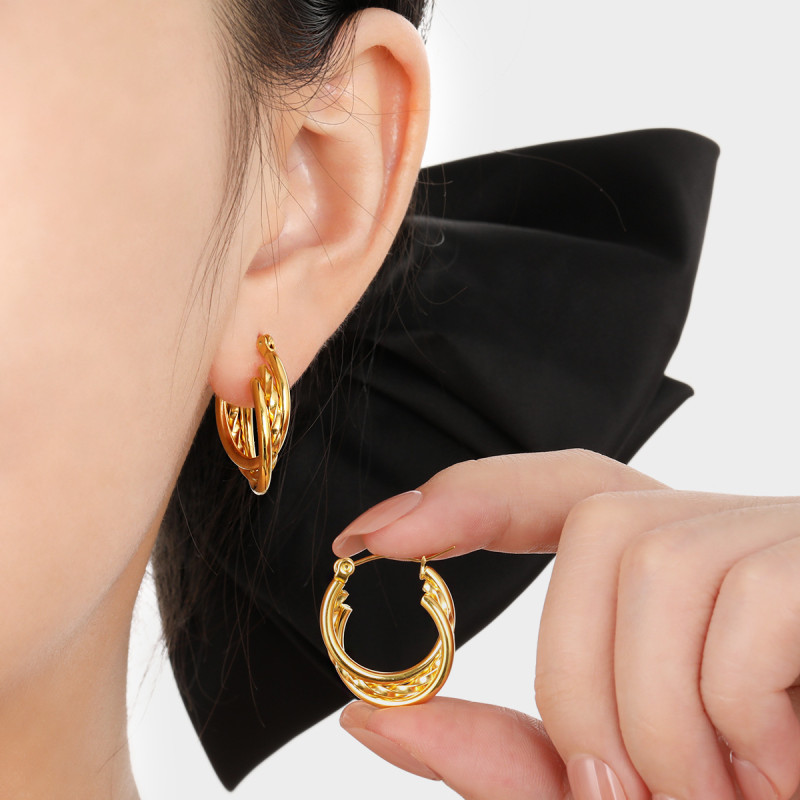 European and American Fashion Cross-Border Three-Line Twisted Braided Earrings for Women, Ins Style, Niche Personality, Gold-Plated, High-End Titanium Steel Earrings