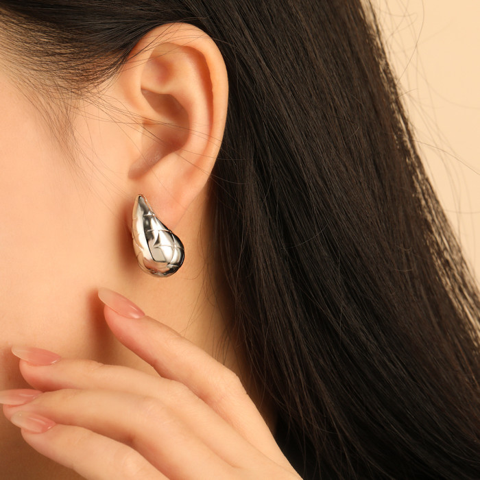 INS Fashion Creative Personality Design Earrings for Women Textured Grid Cross Titanium Steel Metal Gold Plated Ear J...