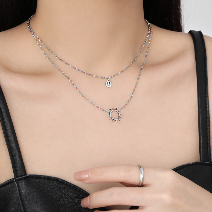 European and American Niche Design Double Layer Stacked Sun Series Smiley Face Pendant Necklace Fashion Titanium Steel Clavicle Chain