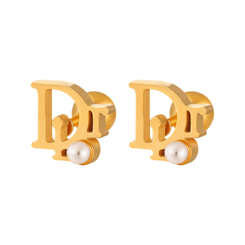 New Fashion D-shaped Pearl Small Earrings Electroplated 24K Gold Titanium Steel Ear Bone Studs Anti-lost Anti-hair Hanging Ear Jewelry
