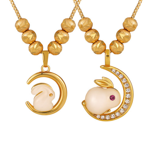 New Chinese Style National Trend Ethnic Style Inlaid Diamond Moon Rabbit Pendant Necklace for Women Fashionable Personality Gold-Plated Titanium Steel Collarbone Chain