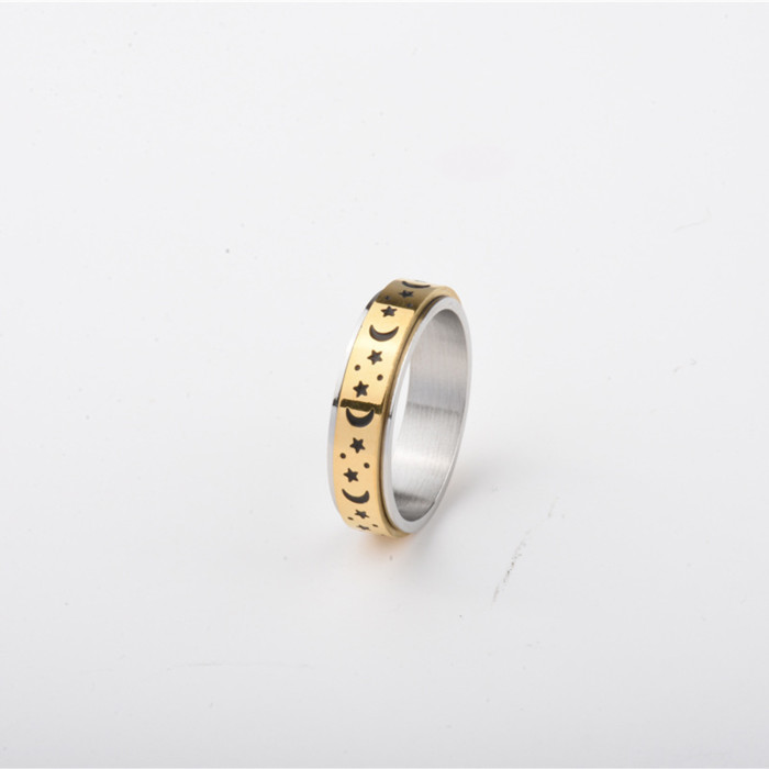Star Moon Stone-Inlaid Ring INS Style Simple Versatile Light Luxury Index Finger Ring Rotatable Stress Relief Titan...