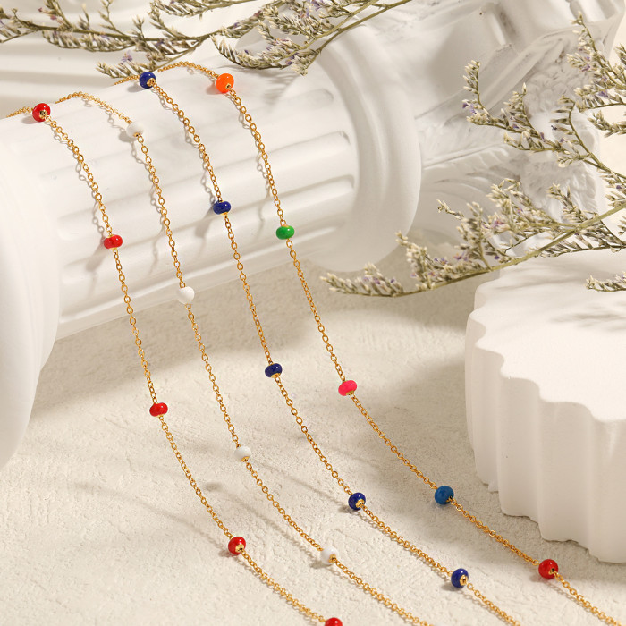 Bohemian Retro New Niche Style Epoxy Colorful Beaded Necklace for Women Fashionable Personality Titanium Steel Collarbone Chain