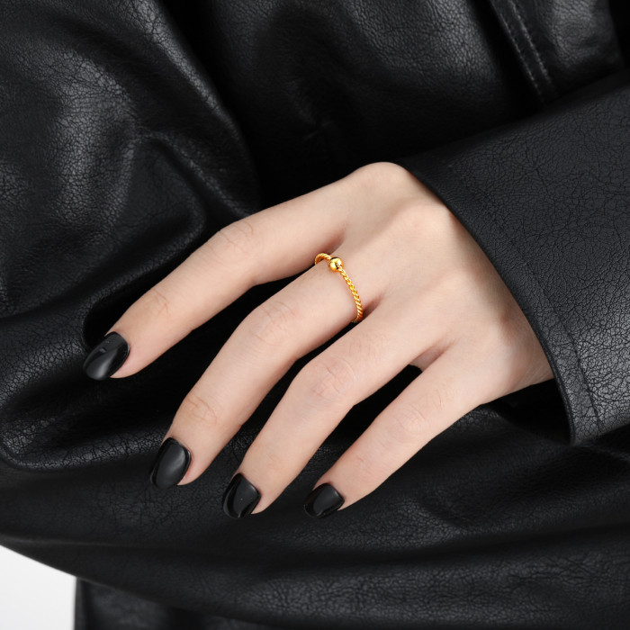 Korean Style New Niche Personality Gold Fortune Bead Braided Single Bead Ring for Women Fashion Gold-Plated Titanium Steel Index Finger Ring
