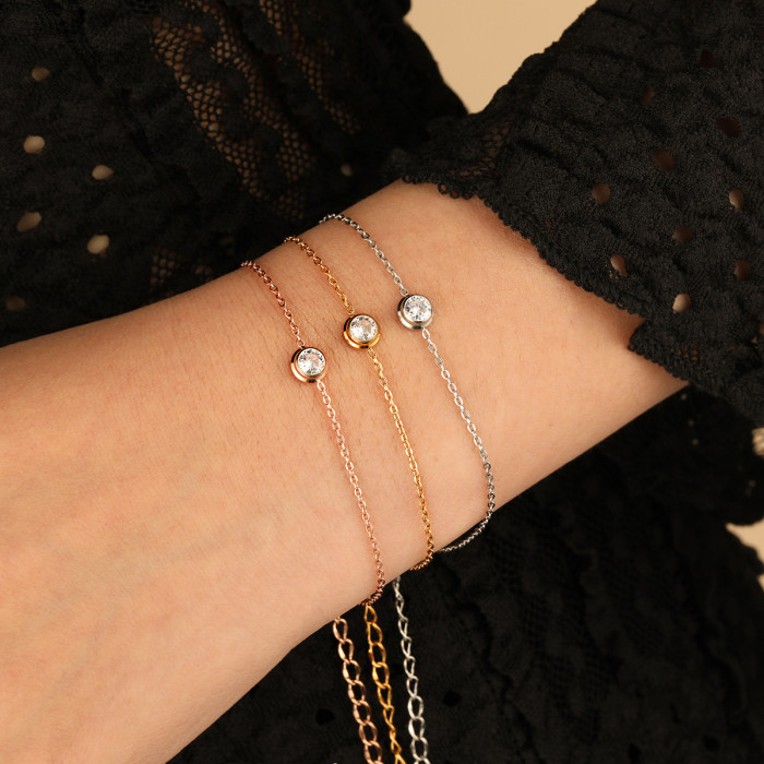 Korean Style Ins Style Exquisite and Simple Single Diamond Stainless Steel Bracelet for Women Single Chain Gold PVD Coated Titanium Steel Hand Jewelry