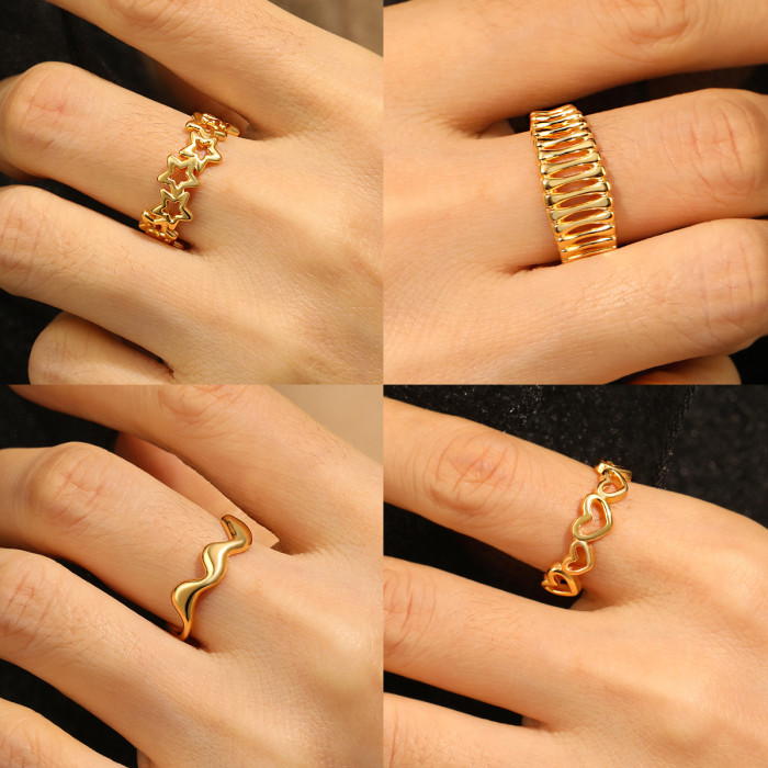 INS Style New Irregular Five-Pointed Star Heart-Shaped Grid Stainless Steel Ring Women's Adjustable Open Ring