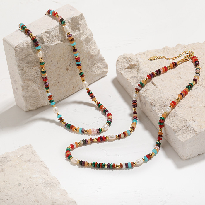Bohemian Retro INS Niche Design Color-Block Natural Stone Beaded Elegant Freshwater Pearl Titanium Steel Necklace for...