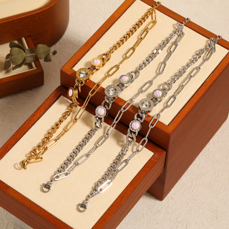 European and American Cross-Border Fashion Personality Double-Layer White Shell Roman Numeral Inlaid Diamond Bracelet for Women Stainless Steel NK Chain Hand Jewelry