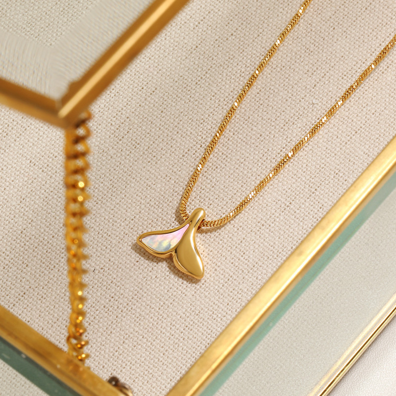 European and American INS Style Niche Design Accessories Fashion Versatile Mermaid Tail Pendant Inlaid White Shell Titanium Steel Necklace for Women