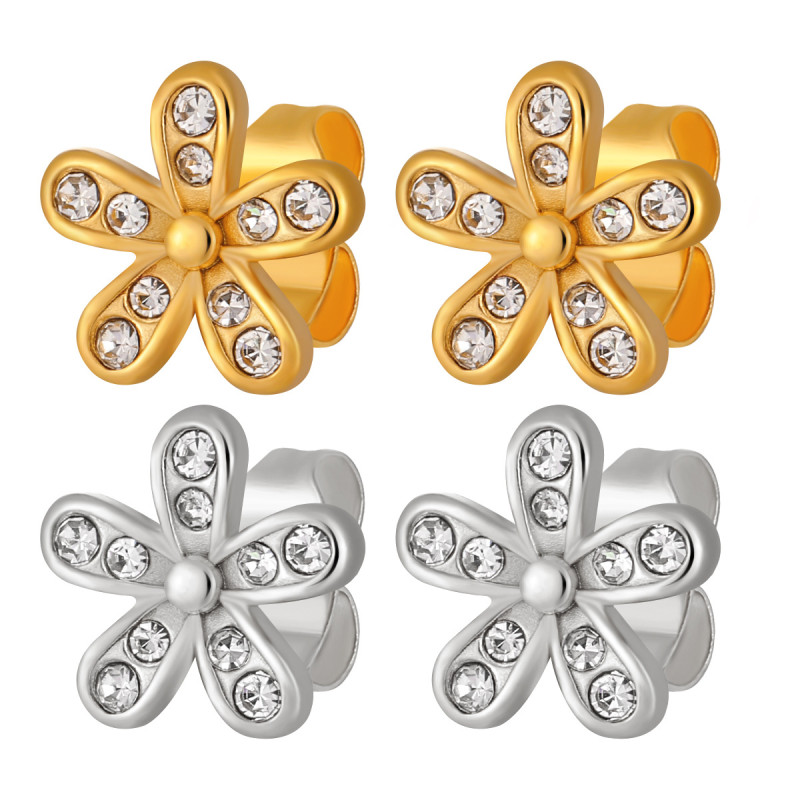 Korean Style Fashion Simple Flower Earrings Ins Style Elegant Personality Versatile Micro Inlaid Full Diamond High-end Titanium Steel Earrings