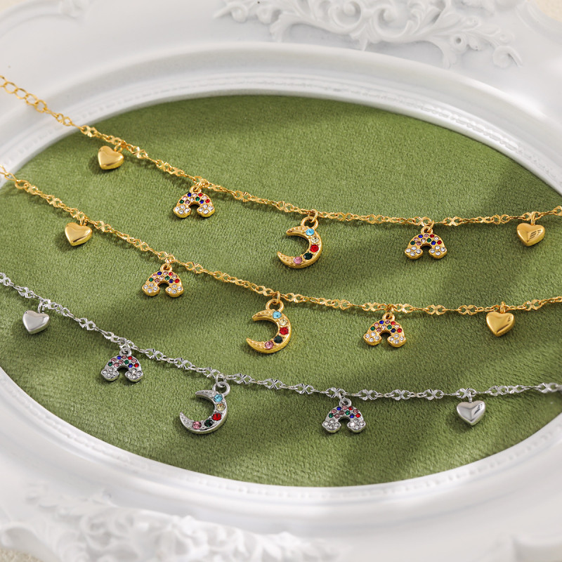 European and American INS Style Colorful Zircon Bracelet for Women Heart-shaped Moon Rainbow Pendant Niche Design Titanium Steel Real Gold Jewelry