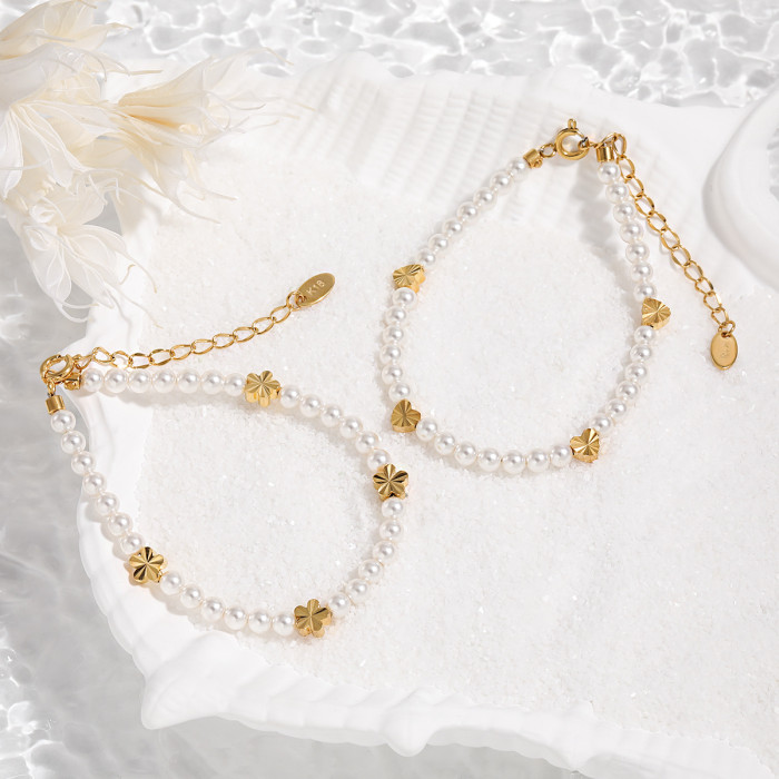 French Retro Design Laser Surface Flower Heart Titanium Steel Bracelet Gold Ins Style Personality Glass Pearl Jewelry