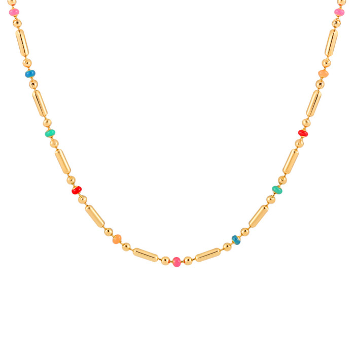 Cross-Border Niche INS Geometric Square Natural Stone Colorful Resin Beads Layered Titanium Steel Necklace Collarbone Chain