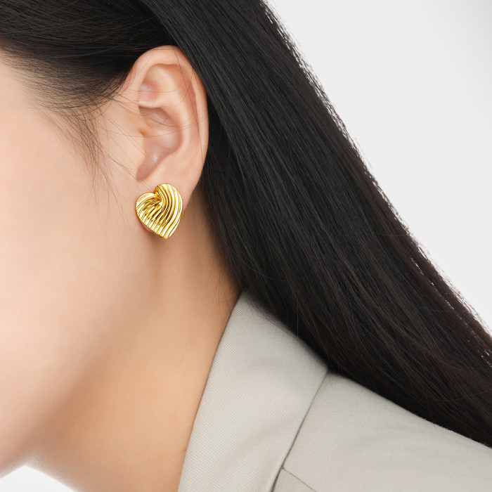 INS Niche Texture Irregular Heart Stripe Earrings Fashion Personality High-End Titanium Steel Ear Jewelry