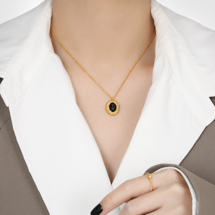 New Style Niche Braided Edge Cat's Eye Stone Necklace for Women Natural Stone Earrings Fashionable Personality Gold P...