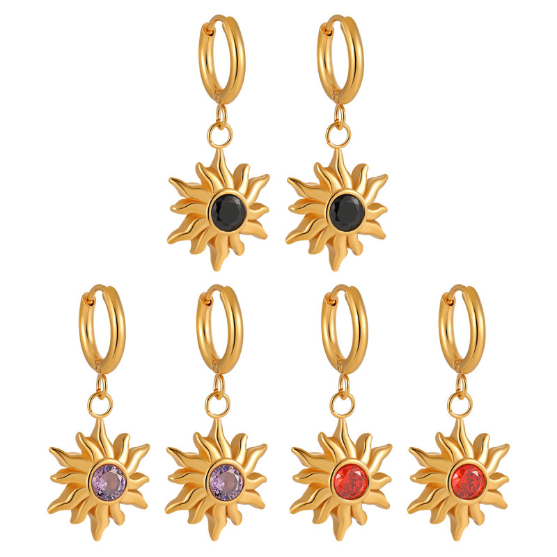 New Simple Sunflower Zircon Colorful Stone Earrings Fashionable Personality Women High-end Gold-plated Titanium Steel New Ear Jewelry