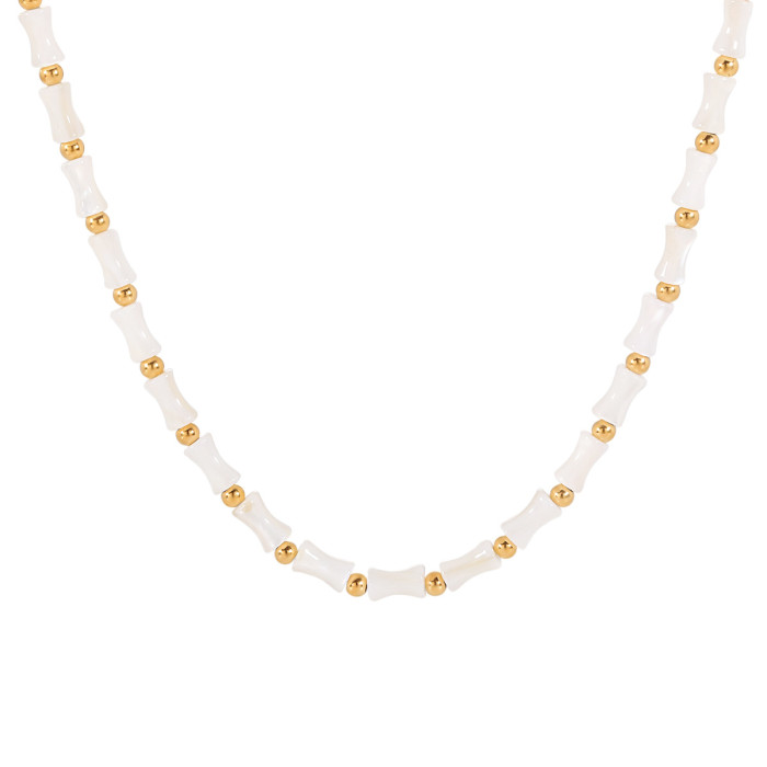 French Retro Natural Stone Bamboo Knot Collarbone Chain for Women Stainless Steel Gold Plated Necklace Ins Niche Jewe...