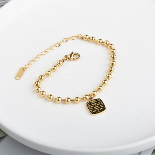 Ethnic Style Personality Fashion 囍 Character Hollow Pendant Simple Beaded Women's Bracelet Ins Titanium Steel Gold Hand Jewelry Wholesale