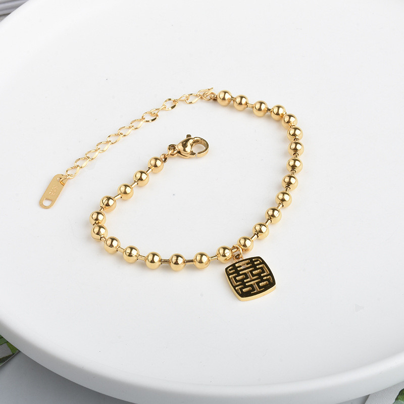 Ethnic Style Personality Fashion 囍 Character Hollow Pendant Simple Beaded Women's Bracelet Ins Titanium Steel Gold Hand Jewelry Wholesale