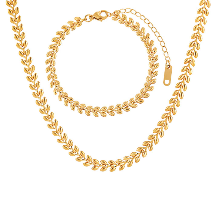 Simple Wheat Ear Leaf Titanium Steel Necklace for Women Wheat Ear Bracelet 24K Gold Plated Jewelry Wholesale
