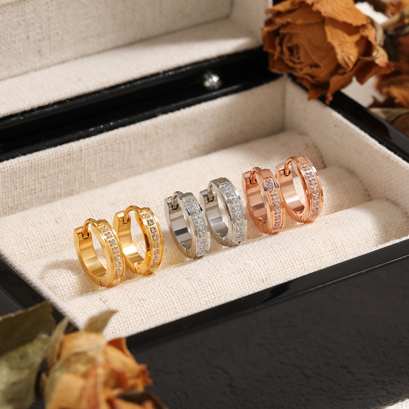 European and American Cross-Border Simple Elegant Light Luxury CNC Fashion Inlaid Stone Earrings for Women Personality Versatile High-End Titanium Steel Ear Jewelry