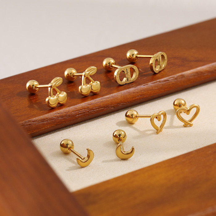 New Ins Style Stainless Steel Moon Ear Bone Stud Mini Letter Piercing Ear Jewelry Screw Heart Cherry Ear Stud, Earrings