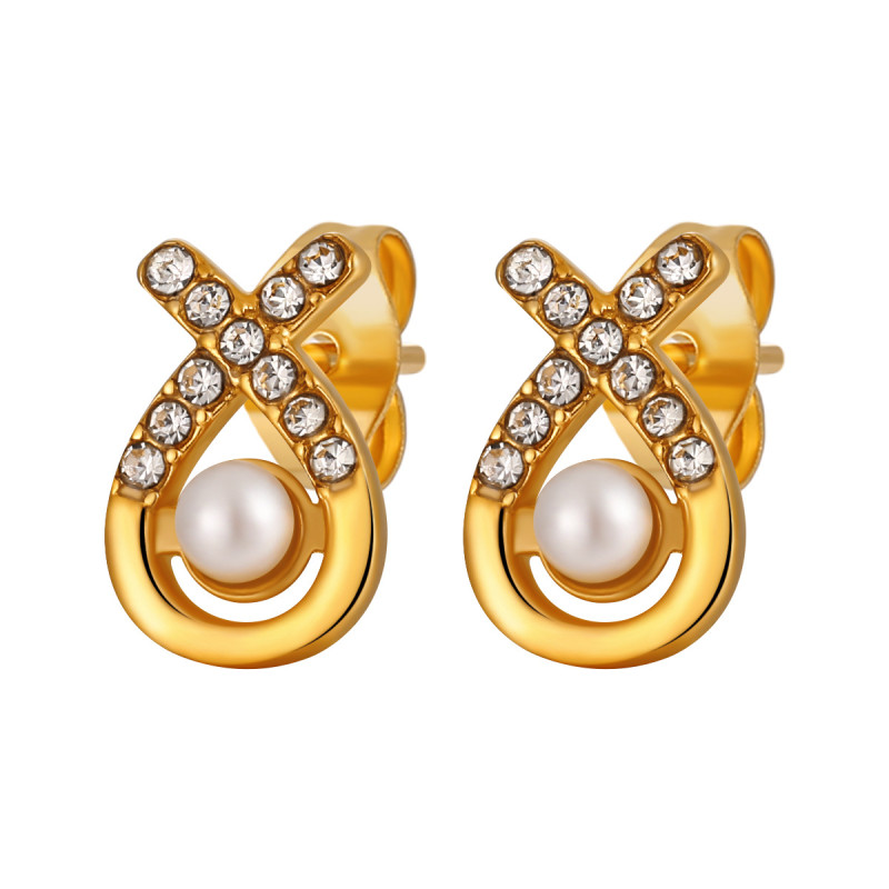 New Diamond-Studded Cross Pearl Stud Earrings for Women Korean Style Ins Style Temperament Letter X fashion casual Titanium Steel Earrings Wholesale