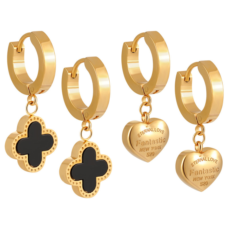 Korean Style Ins New Niche Double-Sided Four-Leaf Clover Heart-Shaped Earrings Fashionable Personality Versatile Titanium Steel Earrings