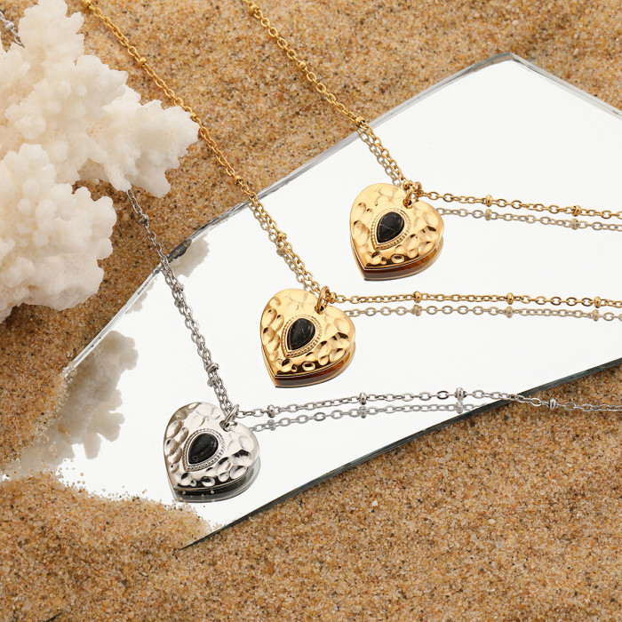 Jewelry 18K Gold PVD Plated Stainless Steel Heart Necklace for Women Hammered Texture Heart-shaped Collarbone Chain A...