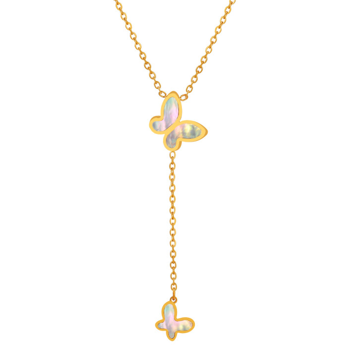 Korean Style Ins Sweet Niche Design Tassel Butterfly White Seashell Necklace Women's Fashion Titanium Steel Long Swea...