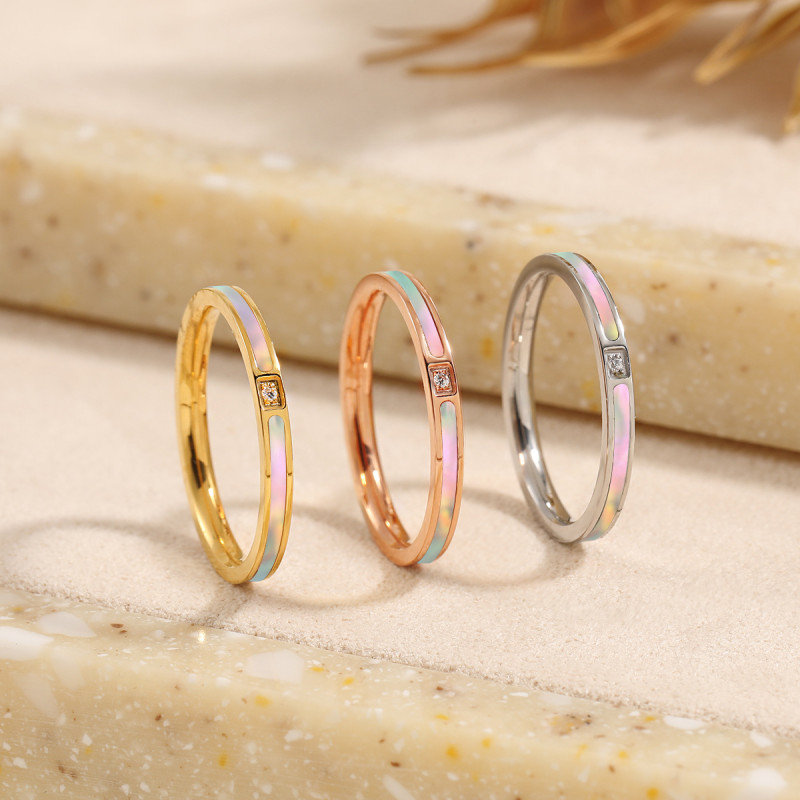 Japanese and Korean Style Light Luxury Simple Circle Mother-of-Pearl Ring for Women with Micro Pave Single Diamond Fine Ring High-End Titanium Steel Index Finger Ring