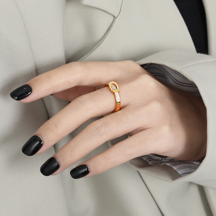 Korean Style Niche Titanium Steel New White Mother-of-Pearl Belt Ring for Women Love Forever Personalized Fashion Ind...