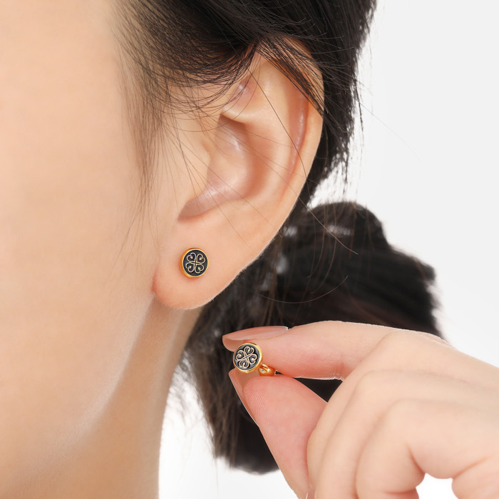 Chinese Style Niche Round Black Epoxy Clover Pattern Ear Bone Stud Fashion Personality Heart Titanium Steel Earrings...