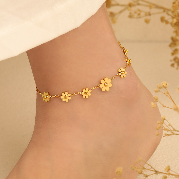 Korean Style Simple Flower Titanium Steel Anklet PVD Electroplated Fashion Ins Niche Design Personality Non-Fading Fo...