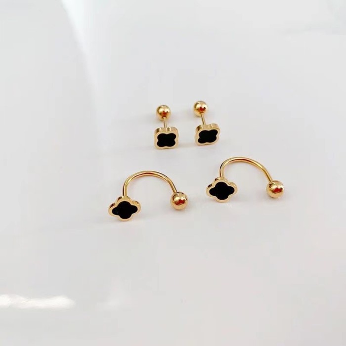 Minimalist Fashion Small Four-Leaf Clover U-Shaped Mini Screw Small Ear Bone Stud Titanium Steel Earrings Ear Buckle Anti-Lost Design