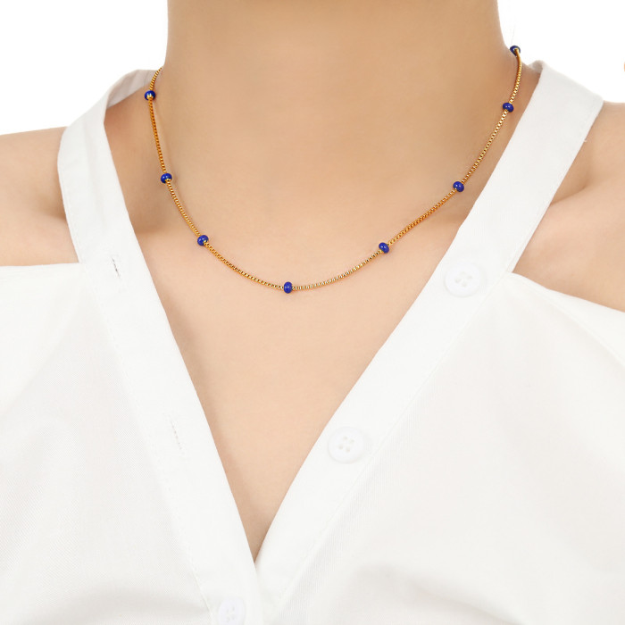 Bohemian Style Retro Simple Colorful Resin Beaded Necklace for Women Fashionable Personality Gold-Plated Titanium Steel Collarbone Chain