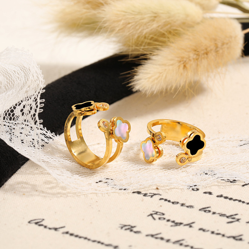 Korean Style Light Luxury Hollow Four-Leaf Clover Natural Mother-of-Pearl Ring Fashionable Personality Adjustable Open Titanium Steel Ring